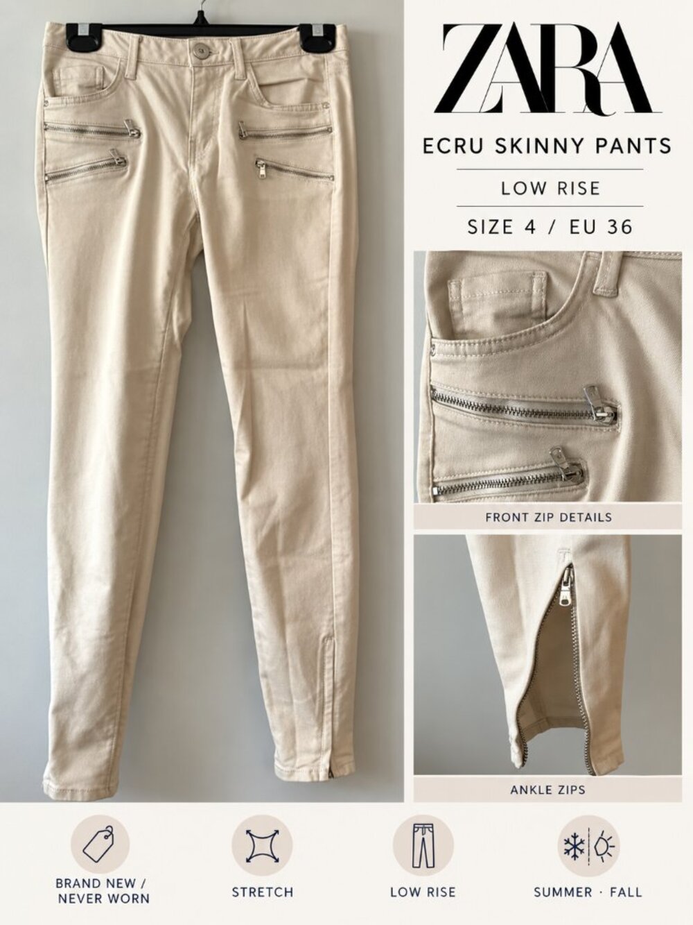 NEW Zara skinny ecru colour pants. Low waisted with zippers size 4, 36
